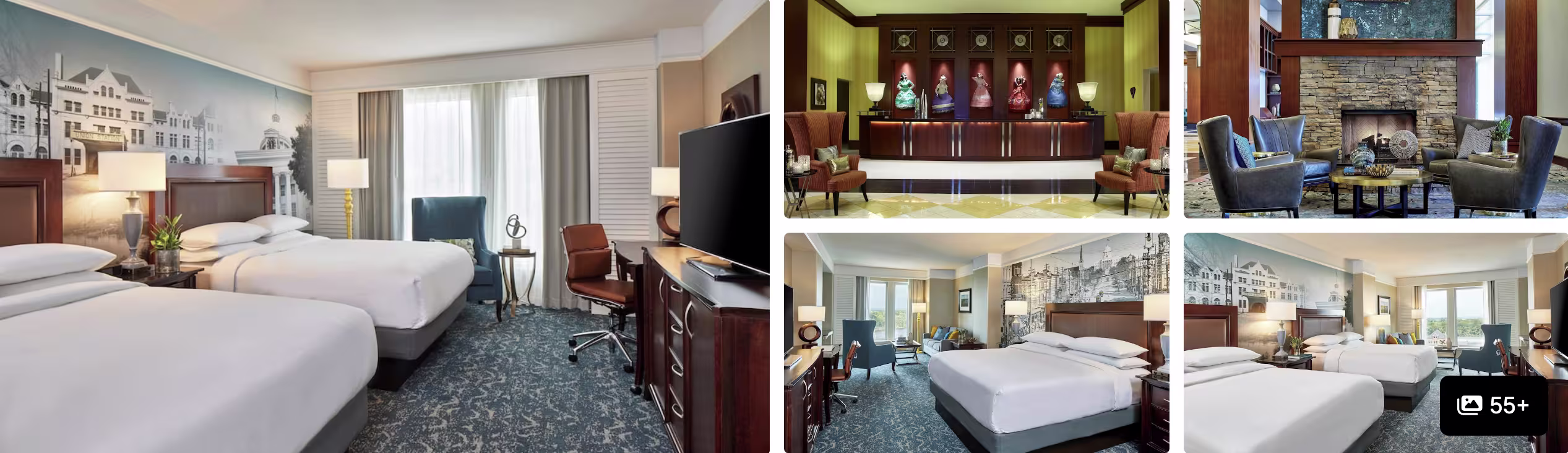 Photos of a Montgomery, Alabama hotel: double-queen room with mural wall, lobby with portraits, fireplace lounge and guest rooms