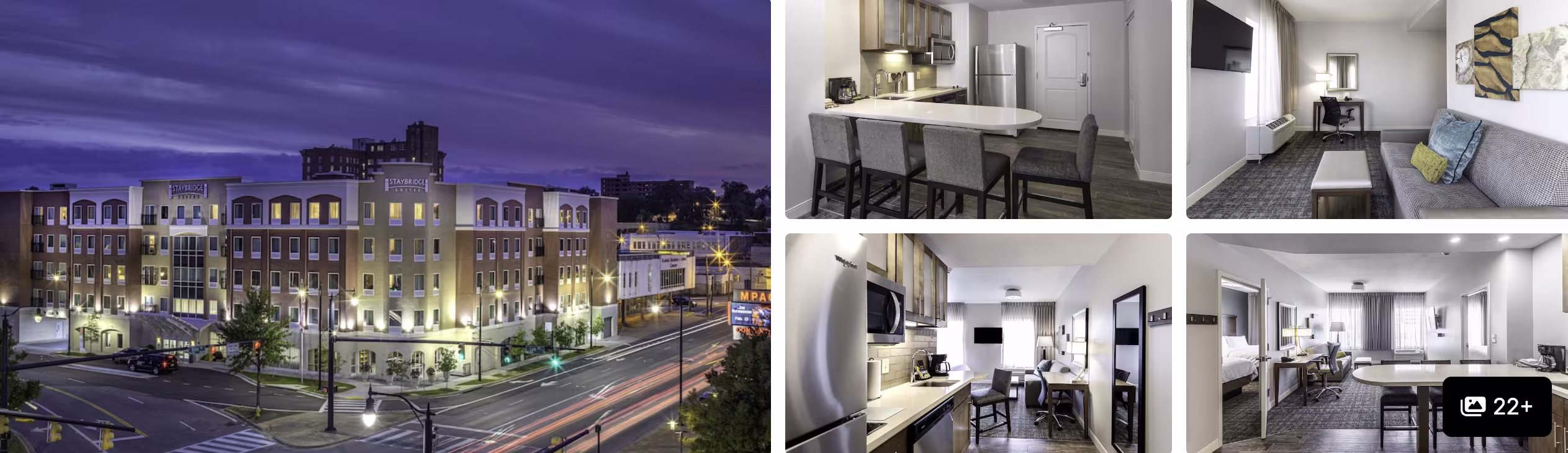 Photos of Renaissance Montgomery Hotel and Spa: nighttime downtown exterior, modern kitchenette suite, dining area and guest rooms