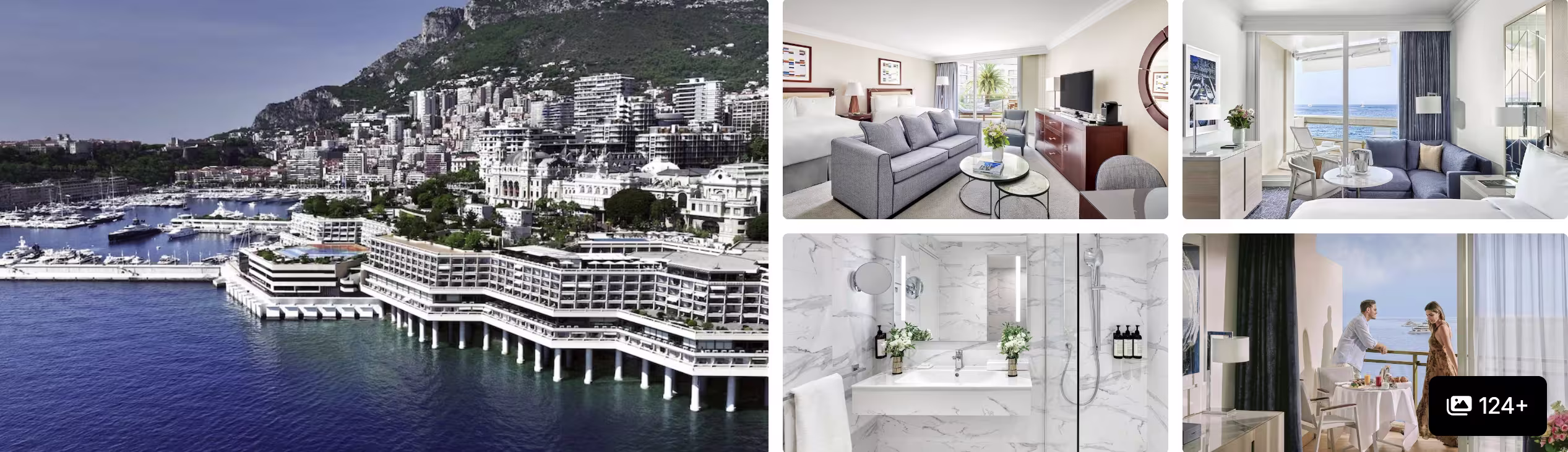 Photos of Fairmont Monte Carlo: Monaco harbor and hillside skyline, grey-toned suite, sea-view room and marble bathroom