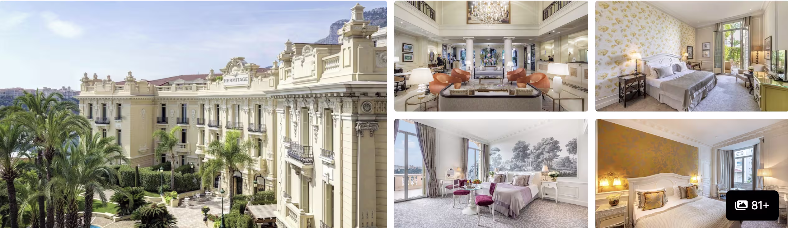 Photos of Hotel Hermitage Monte-Carlo: ornate cream facade with palm-lined plaza, grand salon, and classic guest rooms