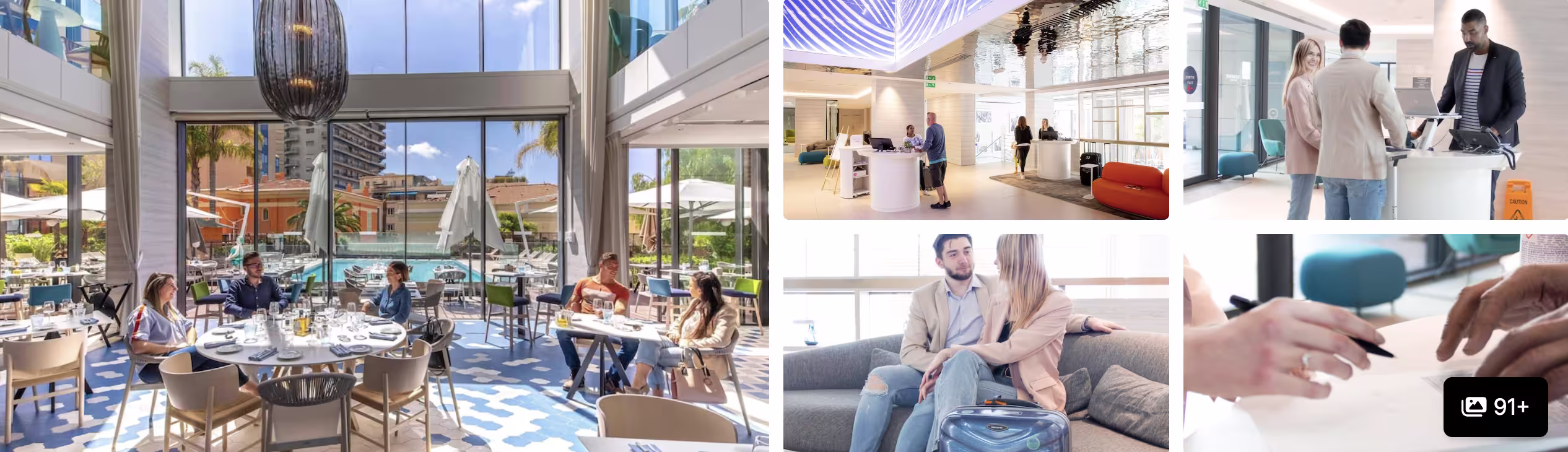 Photos of a Nice hotel base for the Monaco Grand Prix: poolside terrace restaurant, modern lobby and lounge seating