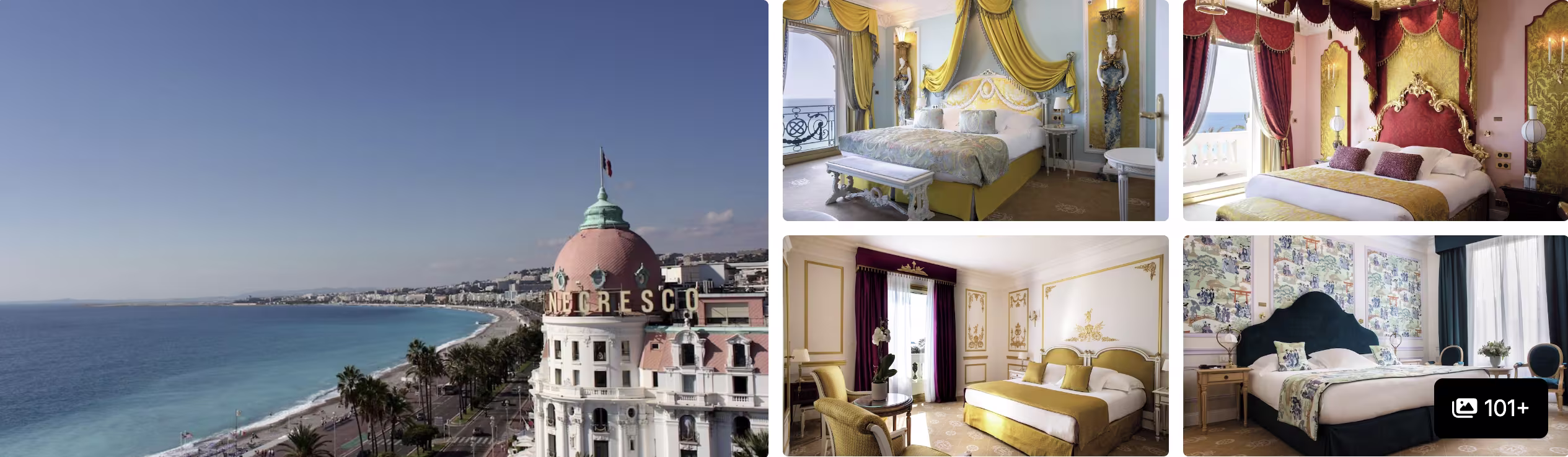 Photos of Le Negresco in Nice: the Promenade des Anglais seafront and pink-domed facade, with opulent gold and antique-style rooms
