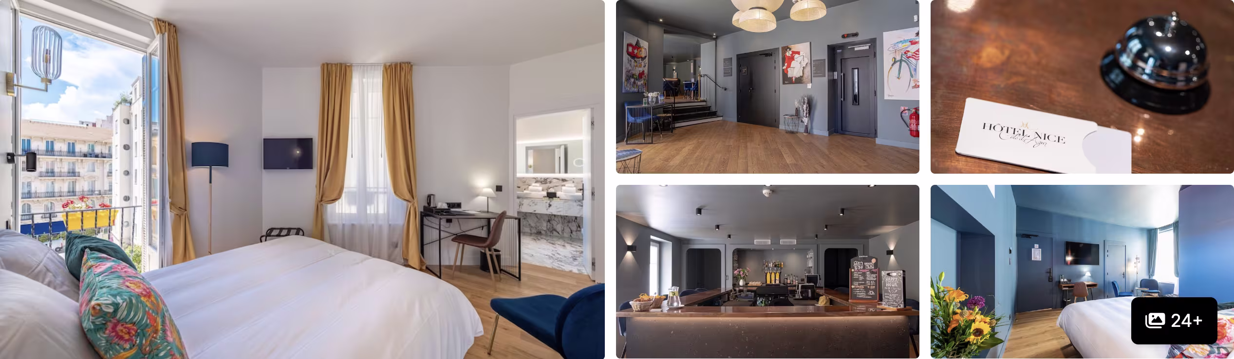 Photos of Hotel Nice Cote d'Azur: bright modern bedroom with balcony, blue-toned lounge, reception desk and guest rooms