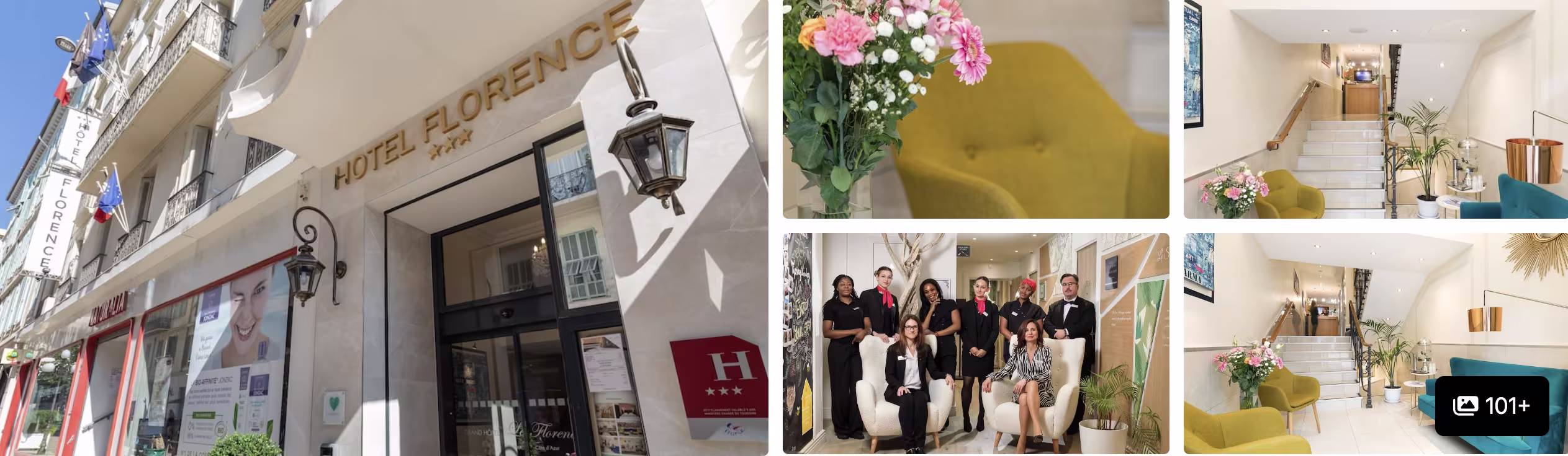 Photos of Hotel Florence in Nice: street facade and entrance, yellow lobby seating, staircase and smiling staff team