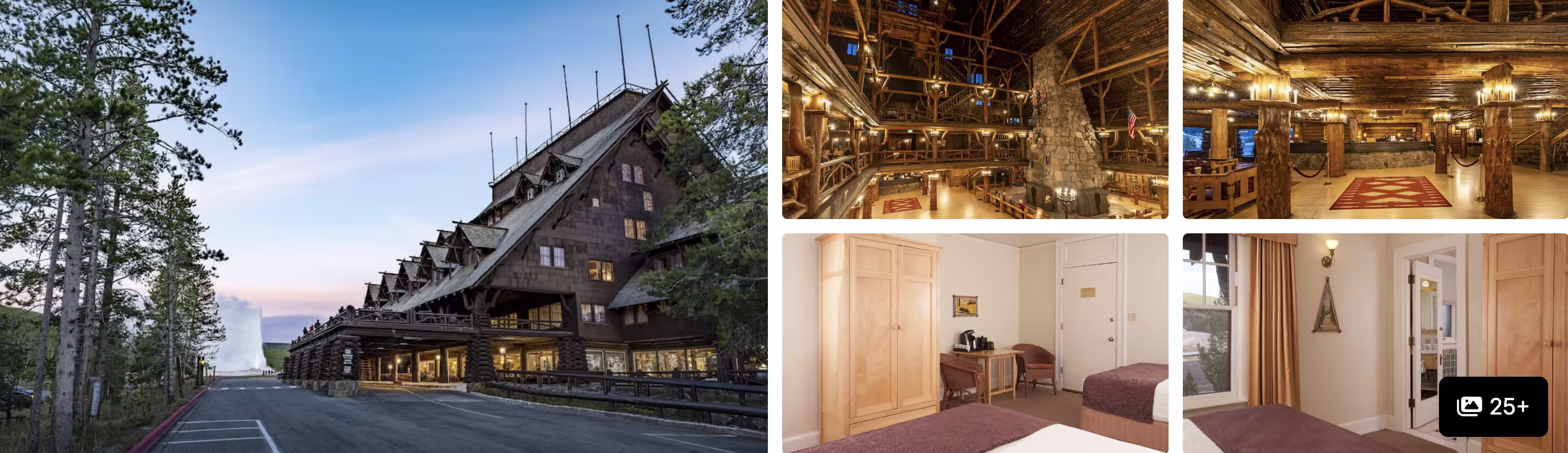 Photos of Old Faithful Inn, Yellowstone: timber-framed lodge exterior, vast log lobby and rustic guest rooms