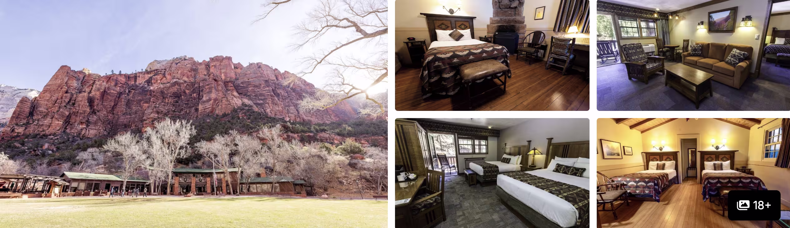Photos of a Zion National Park lodge, Utah: red-rock cliffs above the property and rustic wood guest rooms