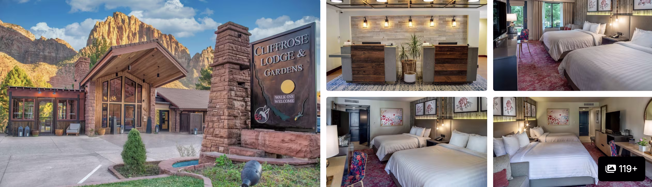 Photos of Cliffrose Lodge near Zion, Utah: timber entrance below red cliffs, reception and guest rooms