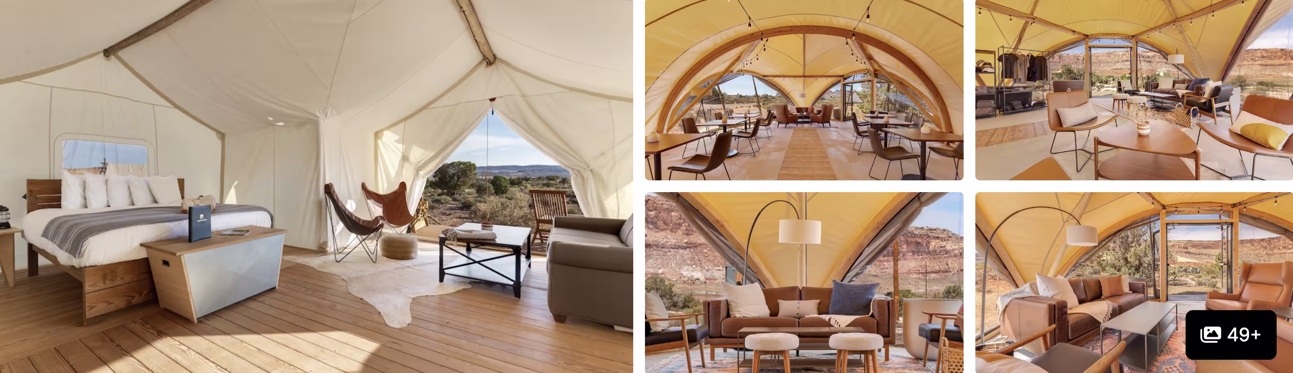 Photos of a Moab glamping camp, Utah: canvas suite tent with bed and desert views and domed tent lounges