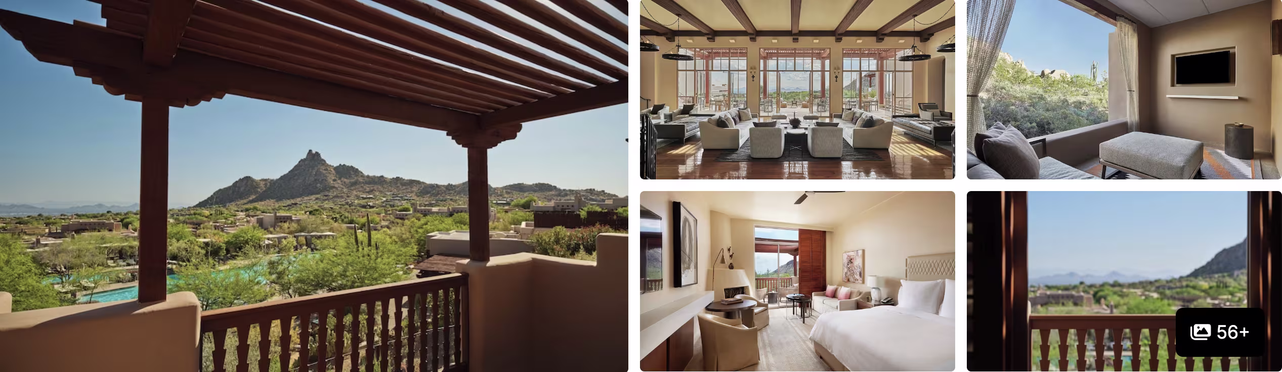 Photos of a Scottsdale golf resort, Arizona: balcony with mountain and pool views, lobby and guest rooms