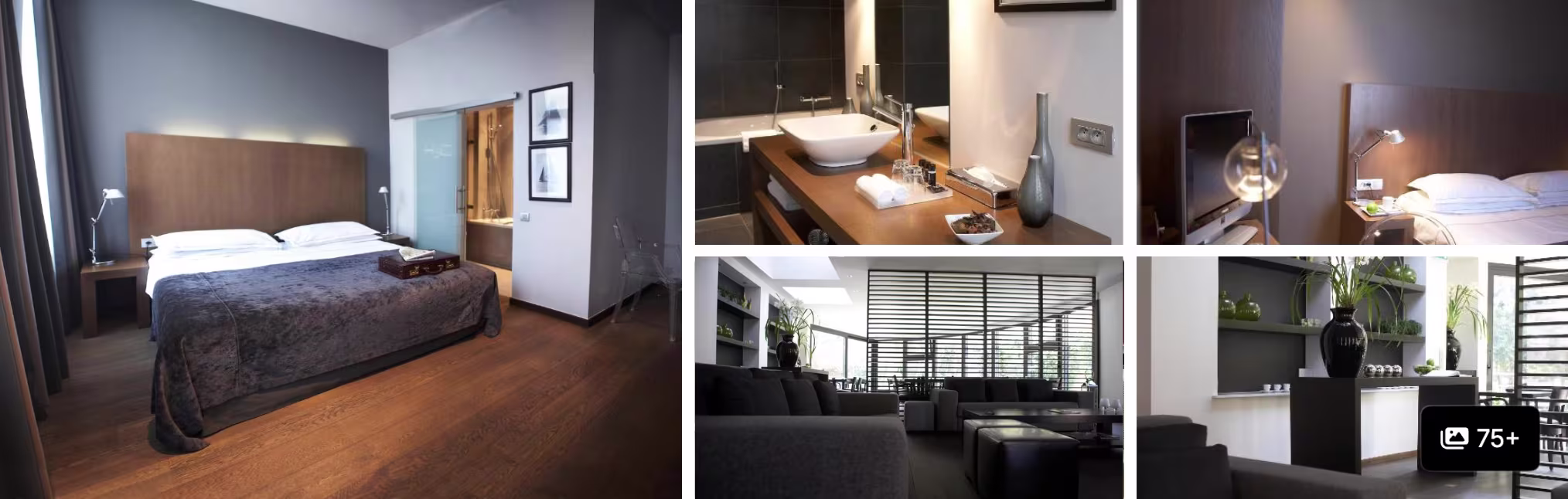 Photos of a hotel near Boom, Belgium for Tomorrowland: dark modern guest room, lounge, bath and seating
