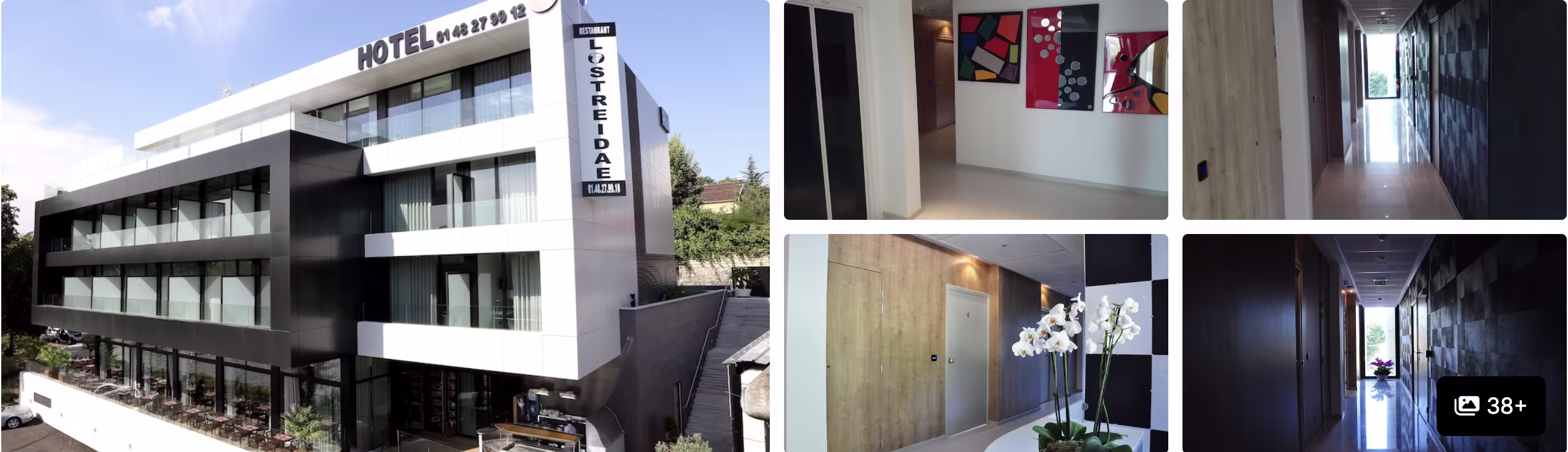 Photos of a Paris hotel near Saint-Germain-des-Pres: modern dark exterior and art-lined corridors