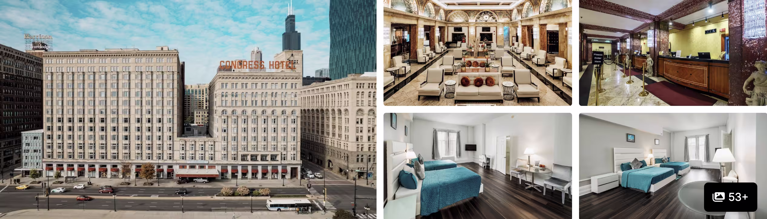 Photos of a hotel near Grant Park, Chicago: historic facade, grand columned lobby, reception desk and guest rooms