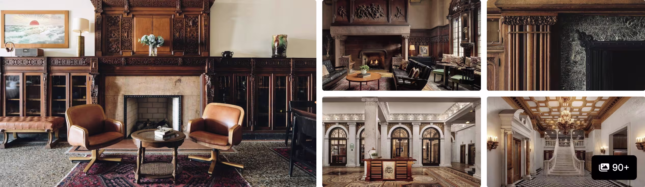 Photos of Congress Plaza Hotel, Chicago: wood-paneled lounge with fireplace, lobby, grand staircase and arched hall