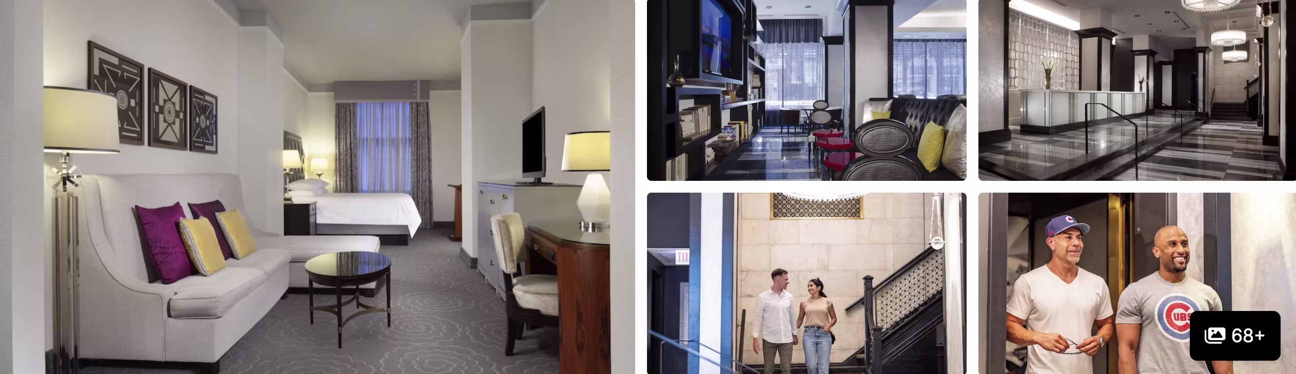 Photos of Palmer House, a Hilton Hotel, Chicago: suite seating area, marble corridors, lobby staircase and guests