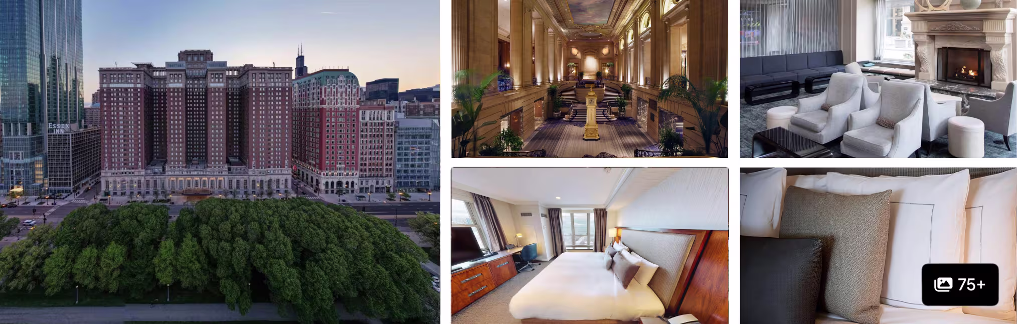 Photos of a Chicago group-friendly hotel: corner building exterior, bunk-bed room, rooftop pool deck and guest rooms