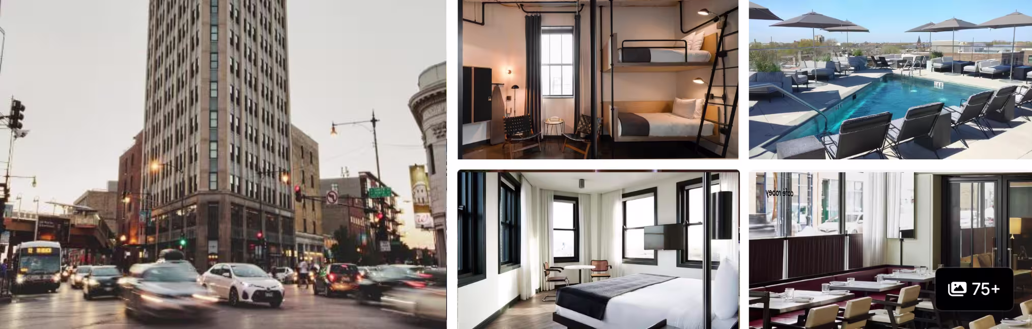 Photos of Hilton Chicago: large brick facade on a rainy street, event spaces, lobby and colorful mural lounge