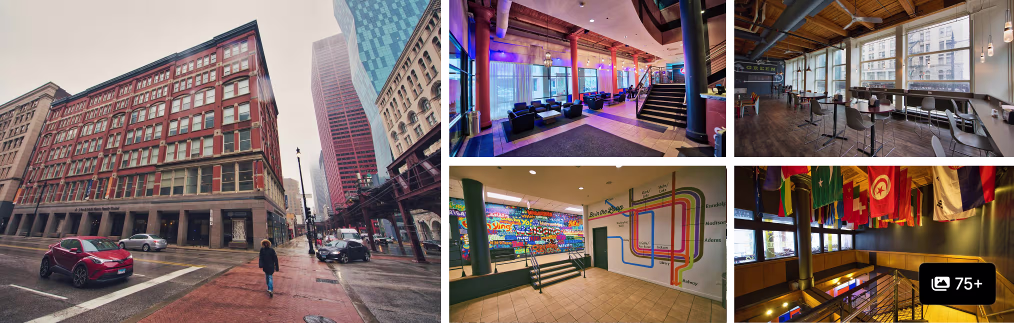 Photos of a budget Chicago hotel near Lollapalooza: brick building on wet street, lounges and a graphic mural hall