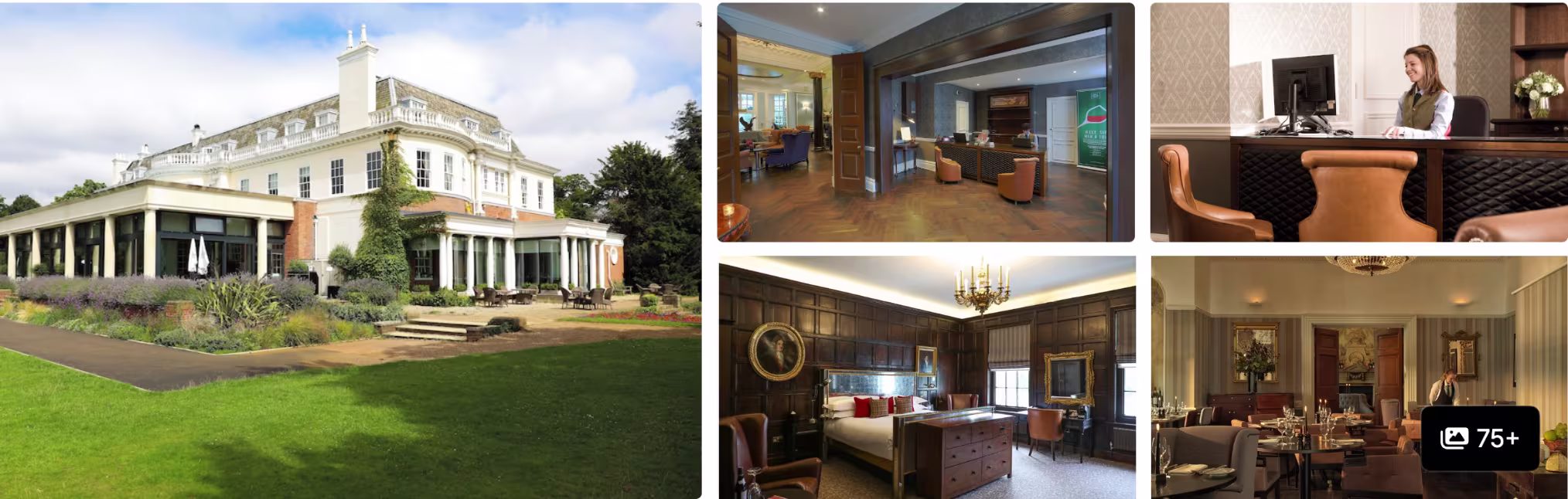 Photos of a Wimbledon Village hotel near the All England Club: white country house, garden lawn, lobby lounge and suites