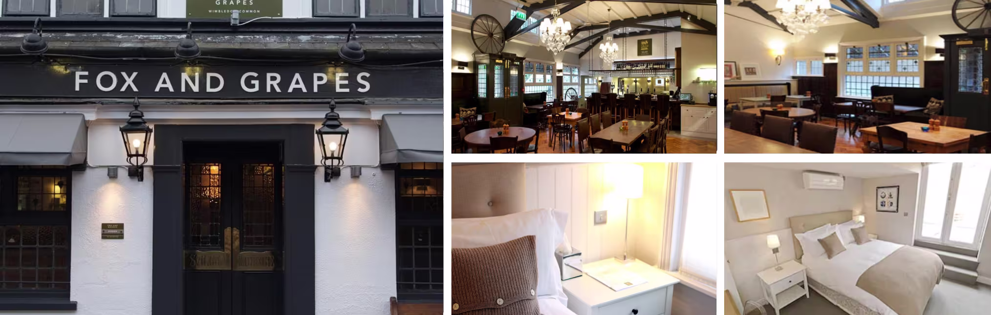 Photos of the Fox and Grapes, Wimbledon: white pub exterior with lanterns, beamed dining rooms and guest bedrooms