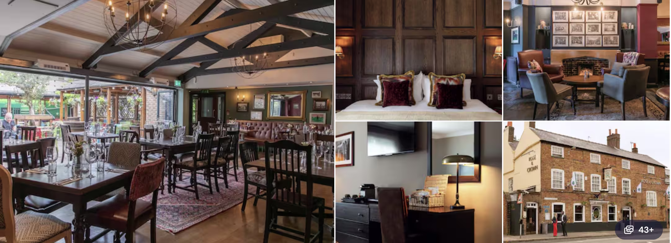 Photos of a Wimbledon village inn: beamed dining room, paneled bedroom with red cushions, snug lounge and brick exterior