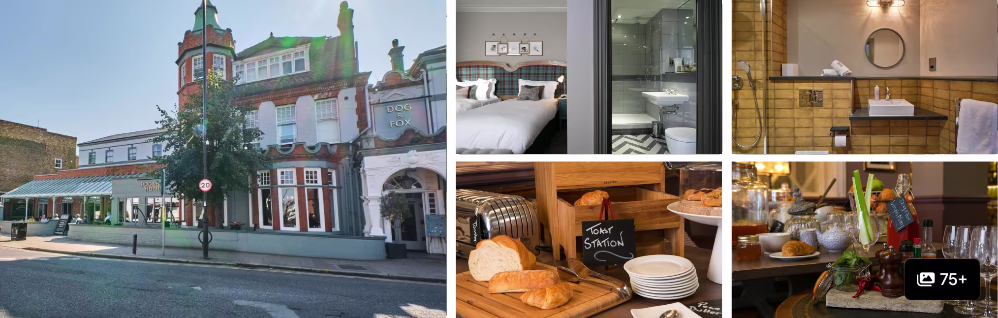 Photos of the Rose and Crown, Wimbledon: historic pub-hotel exterior, guest rooms, tiled bathroom and breakfast spread