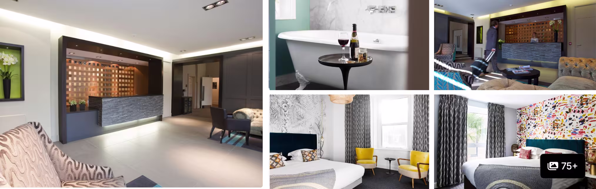 Photos of a Southfields or Putney hotel near Wimbledon: lit reception, clawfoot tub, contemporary suites and bedrooms