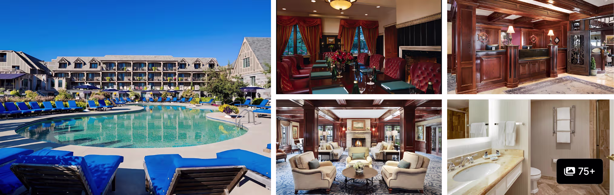 Photos of a New England coast resort in Maine: lakeside lodge with blue loungers, paneled parlors, lounge and bathroom