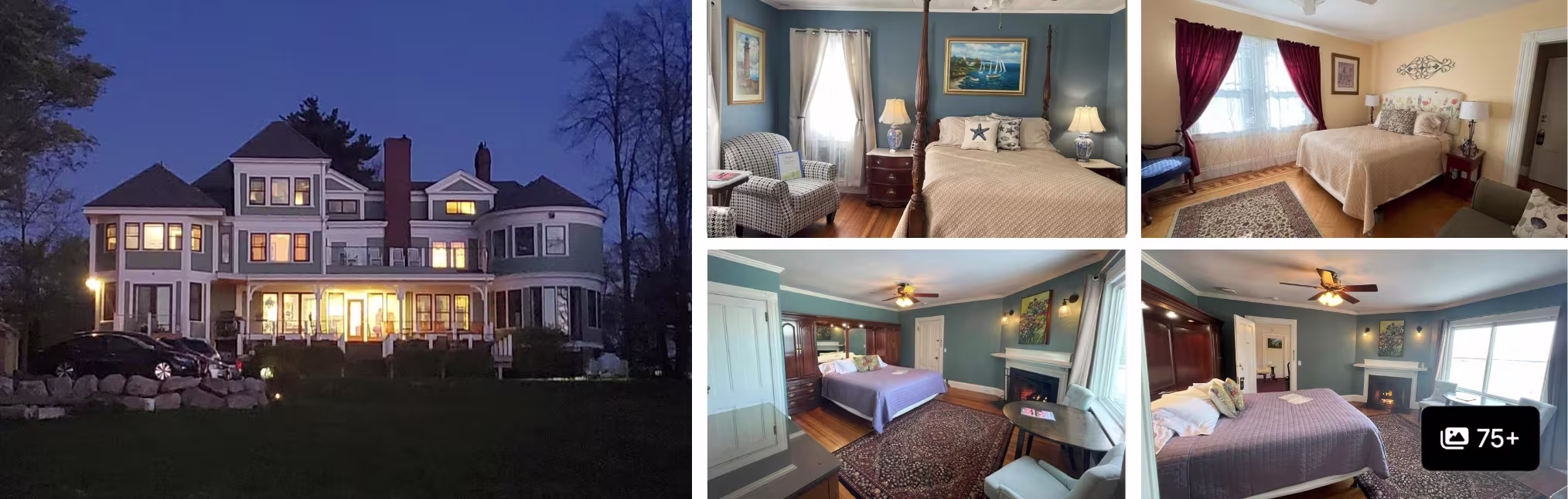 Photos of Harborside Hotel, Spa and Marina, Bar Harbor: large inn lit at dusk and several waterfront guest rooms