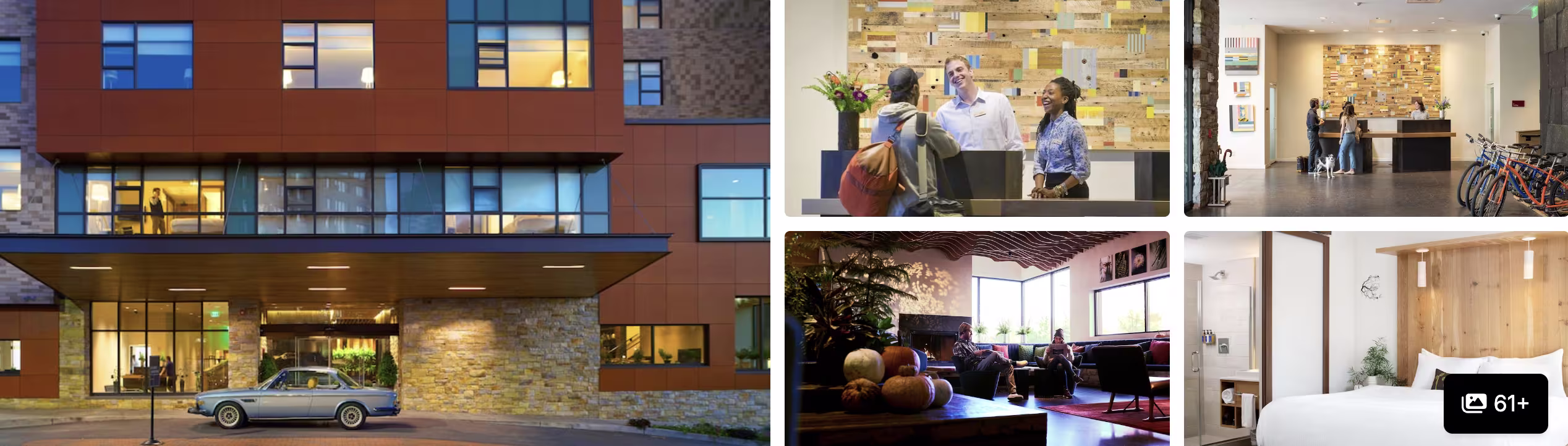 Photos of Saltair Inn Waterfront B and B, Bar Harbor: modern hotel exterior, lobby with bikes, lounge and guest room