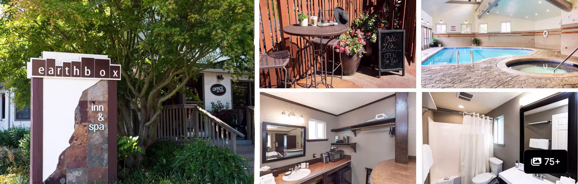 Photos of Earthbox Inn and Spa, San Juan Islands: stone entrance sign, wine nook, indoor pool, vanity and bathroom