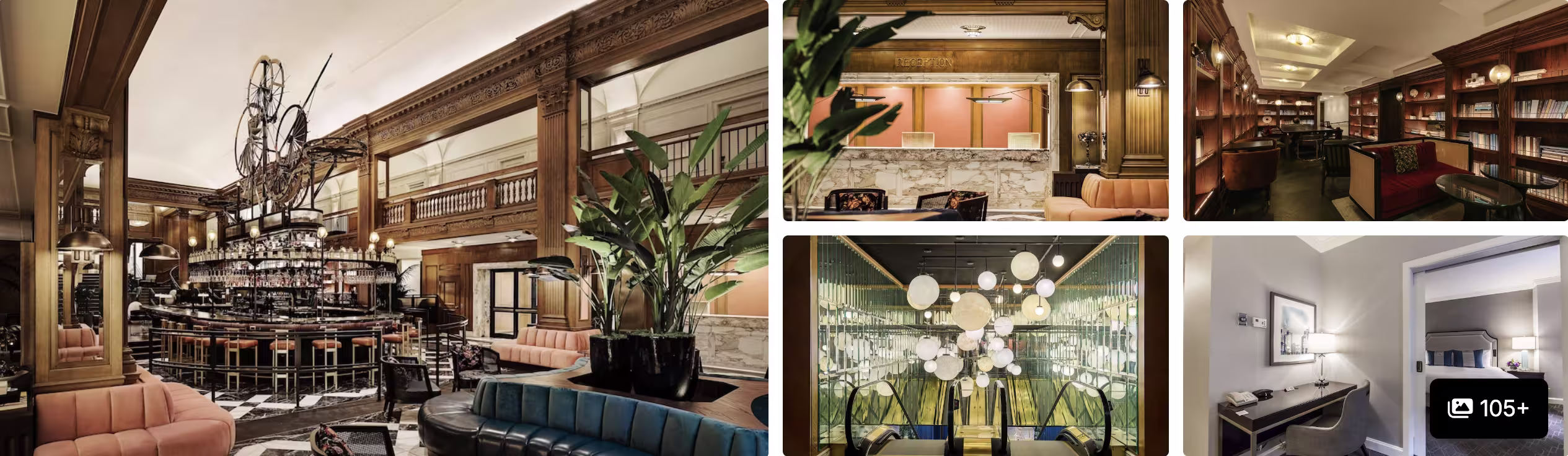 Photos of a Seattle hotel: ornate wood-paneled bar and lounge, golden reception, library and intimate cocktail bar