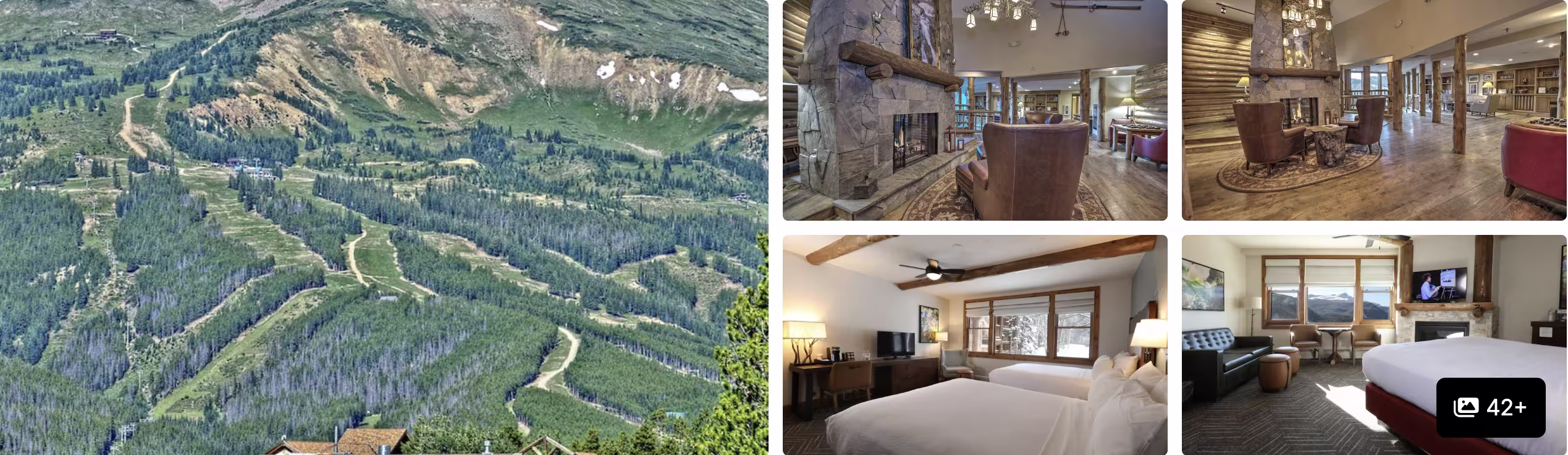 Photos of a high-altitude Colorado resort: aerial view of forested ski slopes, stone-fireplace lobby and mountain-view rooms