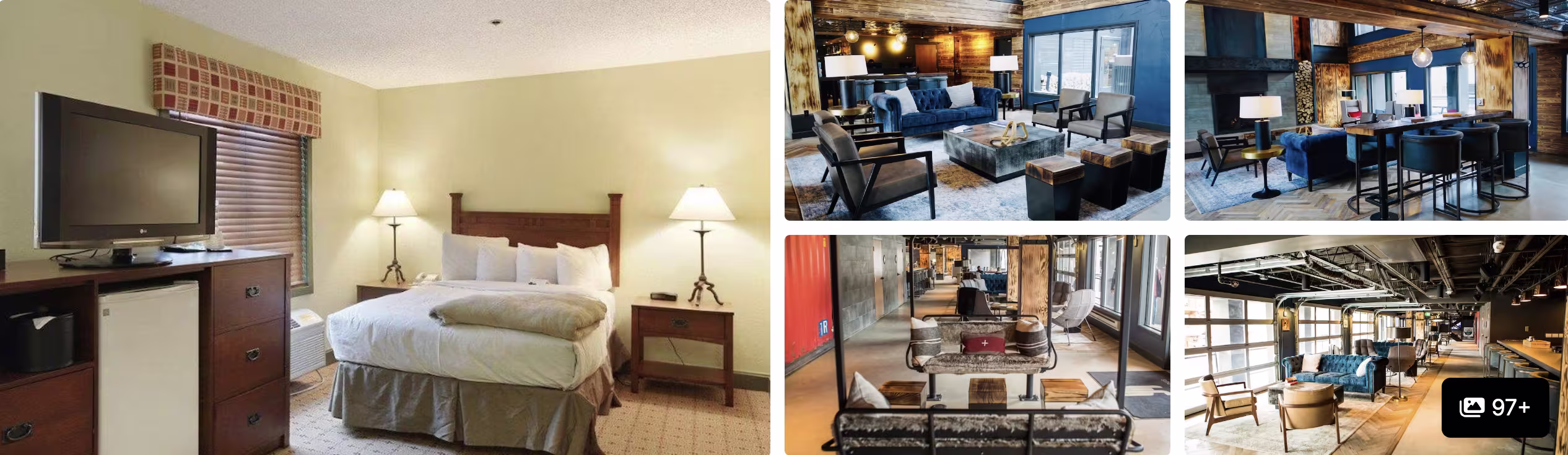 Photos of The Lodge at Breckenridge: guest room with mini-fridge, rustic lounges with leather seating and timber beams