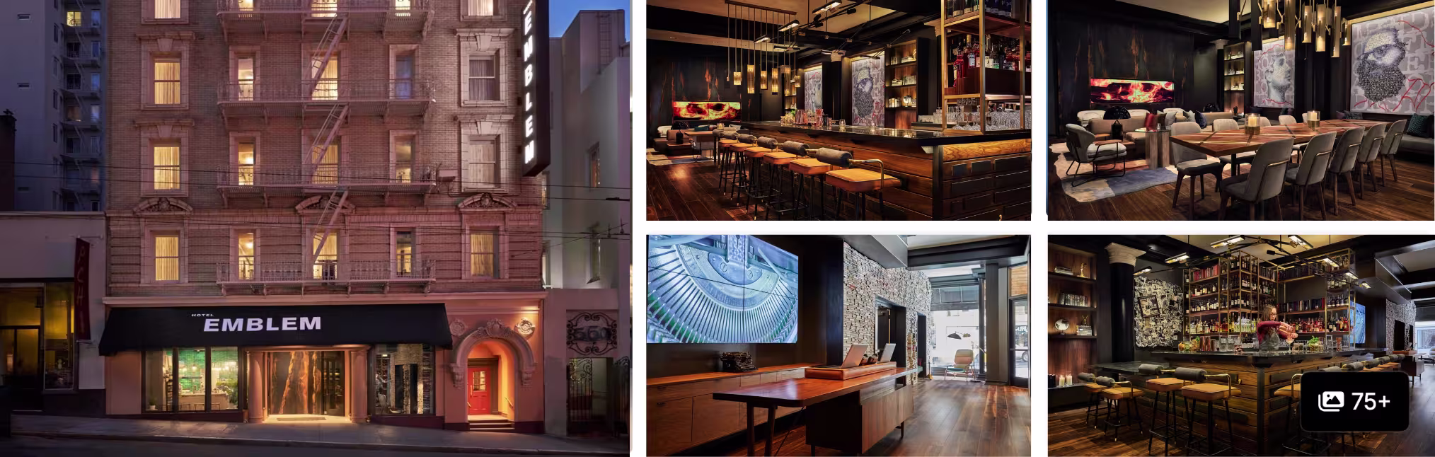 Photos of Emblem Hotel, San Francisco: classic facade at dusk, wood-paneled bar, library lounge and dining areas
