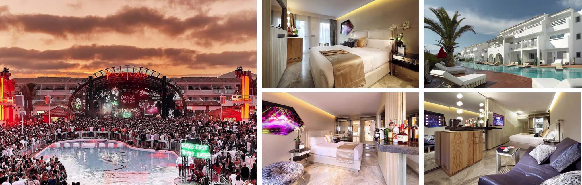 Photos of a Playa d'en Bossa hotel, Ibiza: crowded poolside party at sunset, guest rooms and white modern suite