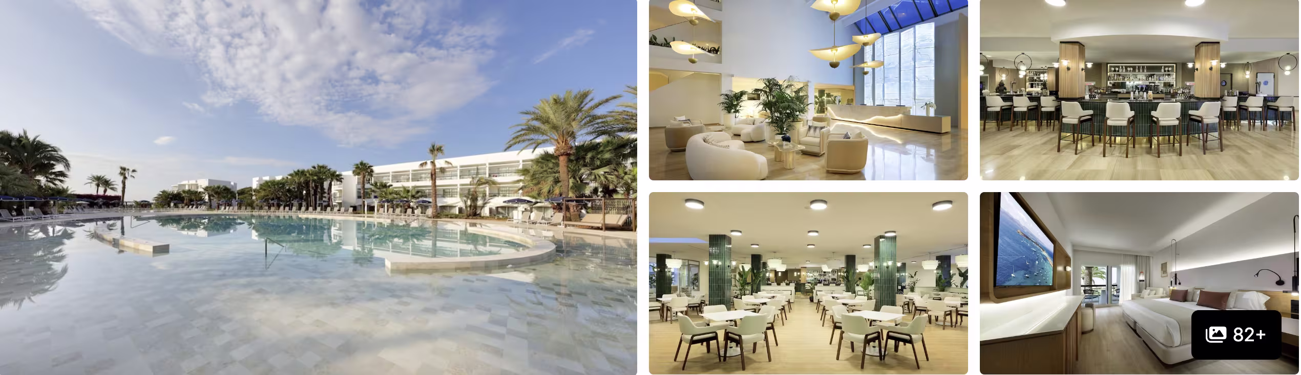 Photos of an Ibiza beach resort: large outdoor pool with palms, bright lobby, dining areas and guest room