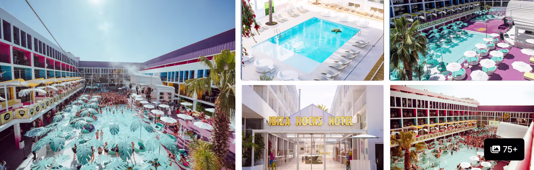 Photos of a San Antonio, Ibiza pool-party hotel: rooftop pool decks packed with sunbathers, palms and lounge umbrellas