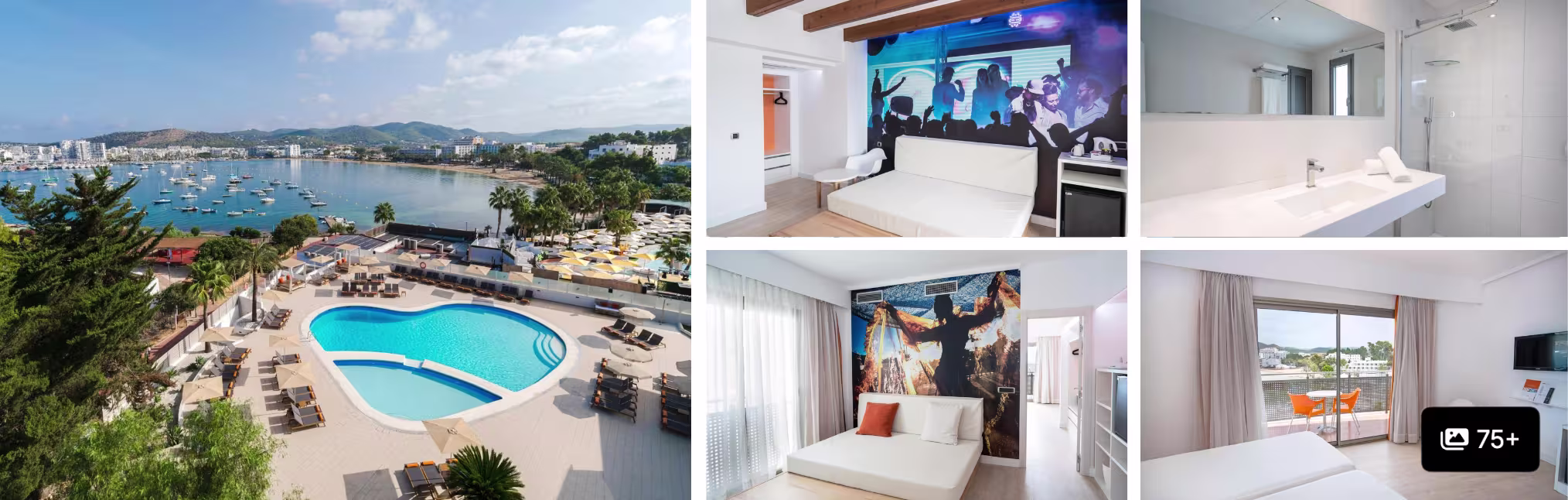 Photos of Ibiza Rocks Hotel: bay-view pool terrace, suite with projector wall, lounge area and white bathroom