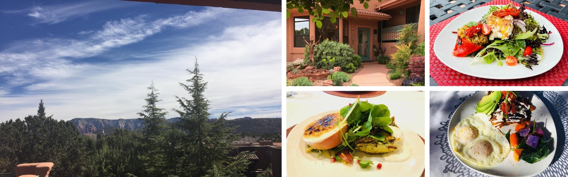 Photos of Casa Sedona Inn: red rock and pine views, adobe entrance garden and plated breakfast dishes