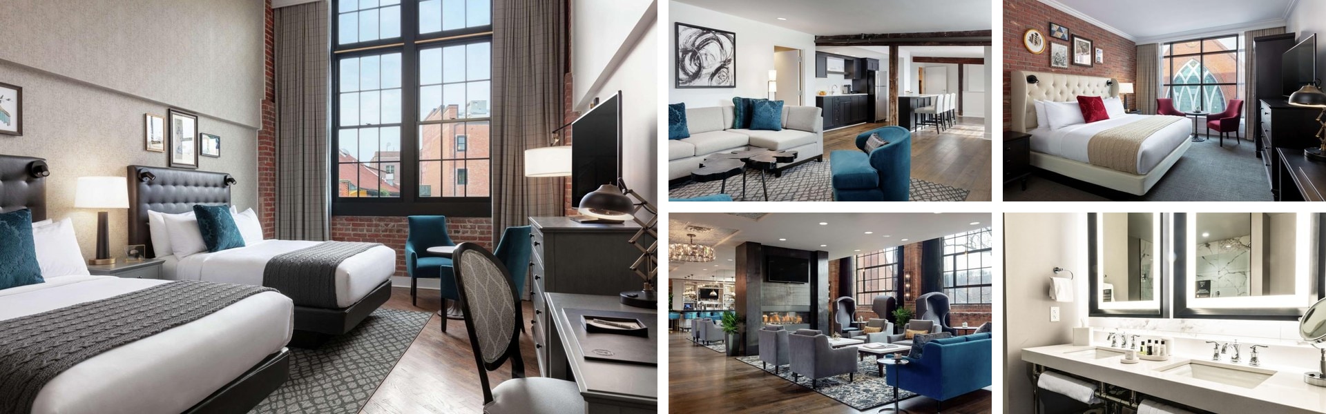 Photos of Foundry Hotel Asheville, Curio Collection by Hilton: exposed-brick guest rooms, suite living area, lobby lounge and marble bathroom