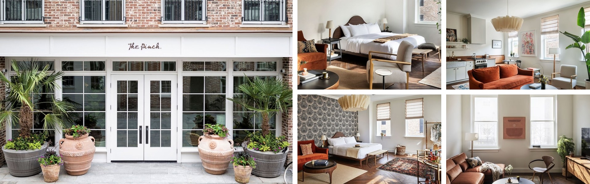 Photos of The Pinch Hotel, Charleston: brick storefront entrance, guest rooms with canopy beds, kitchen and lounge seating