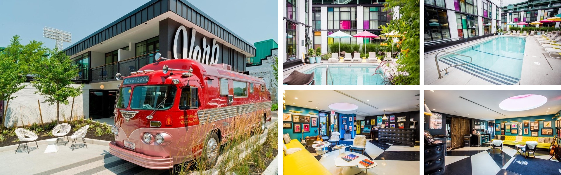 Photos of The Verb Hotel, Boston: vintage red bus at entrance, courtyard pool and retro music-themed lobby lounges