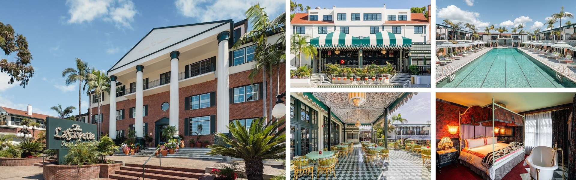 Photos of Lafayette Hotel and Club, San Diego: columned brick facade, courtyard pool, tiled atrium dining and canopy guest room