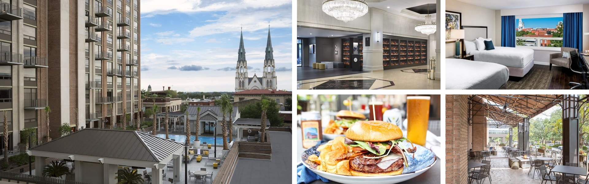 Photos of The DeSoto Savannah: city view toward church spires, chandelier lobby, guest room, burger dish and patio dining
