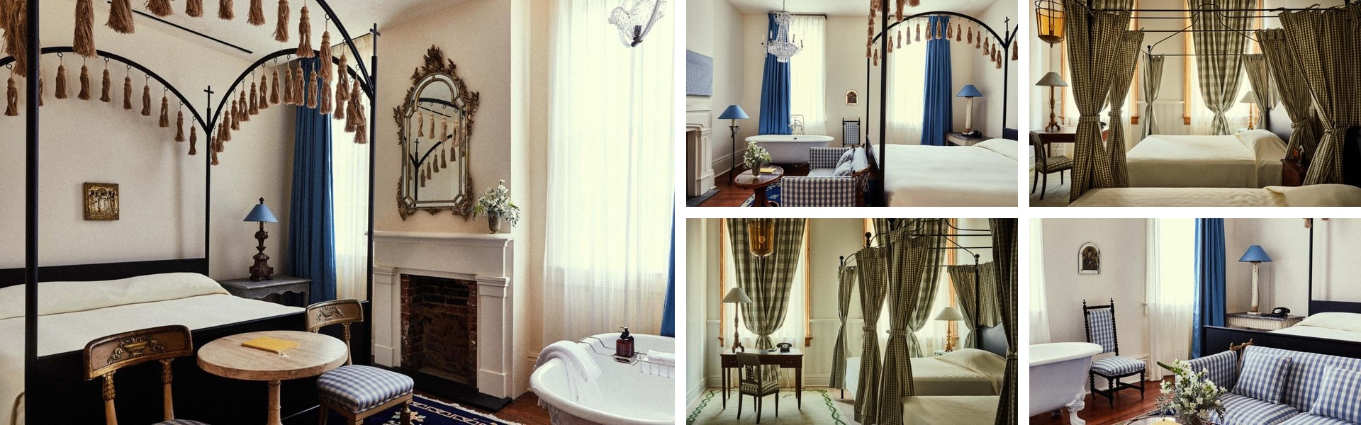 Photos of Hotel Peter and Paul, New Orleans: draped canopy beds, fireplace, clawfoot tub and antique furnishings