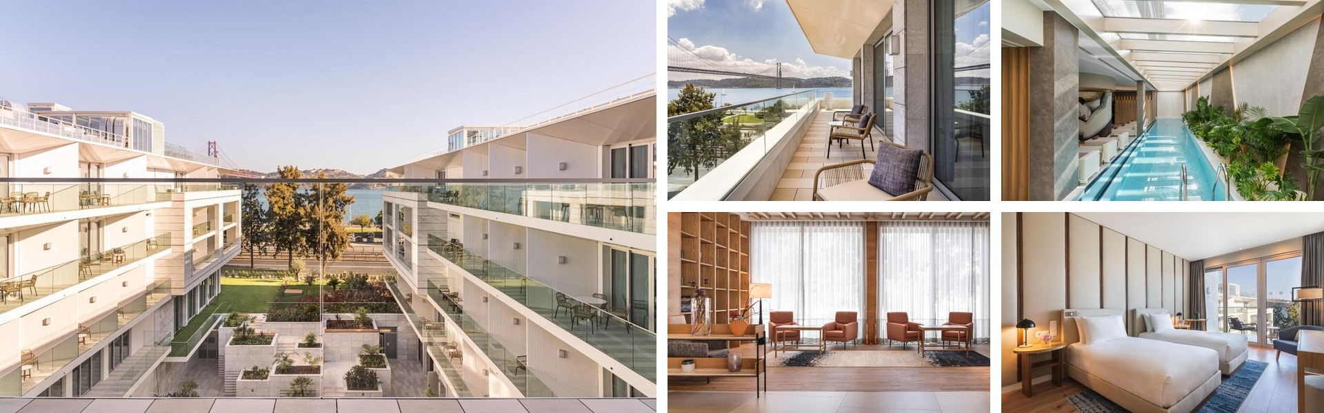 Photos of Hyatt Regency Lisbon: riverside building with bridge view, balcony terraces, indoor pool, lounge and guest room