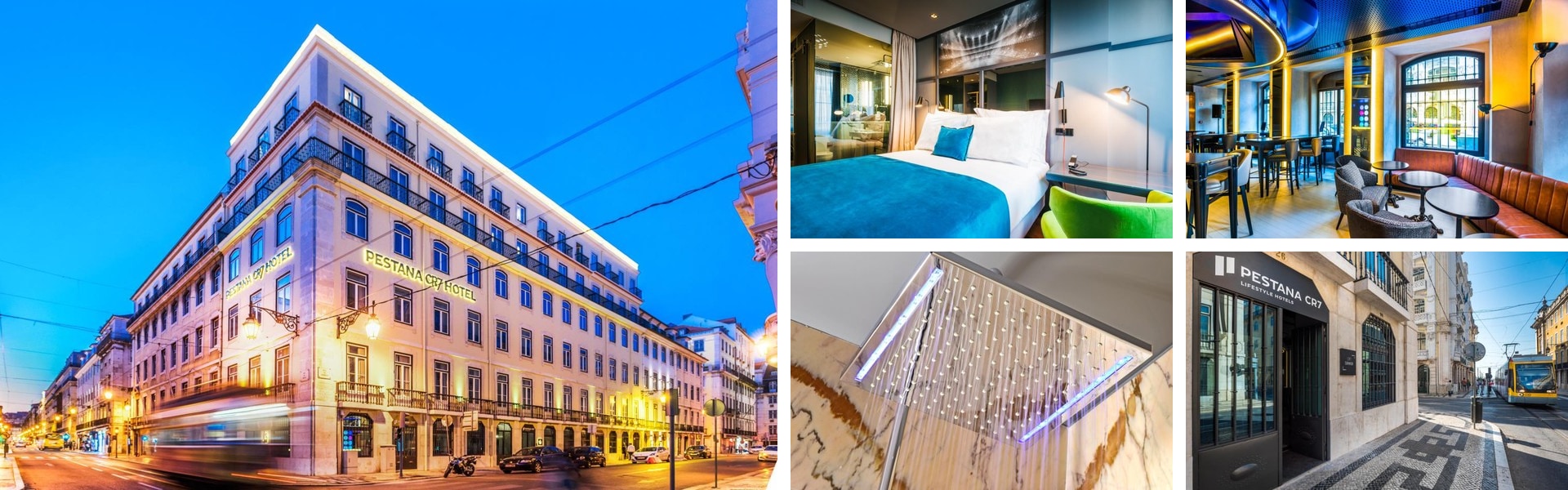 Photos of Pestana CR7 Lisboa: illuminated corner facade at dusk, modern guest room, bar lounge, rain shower and street entrance