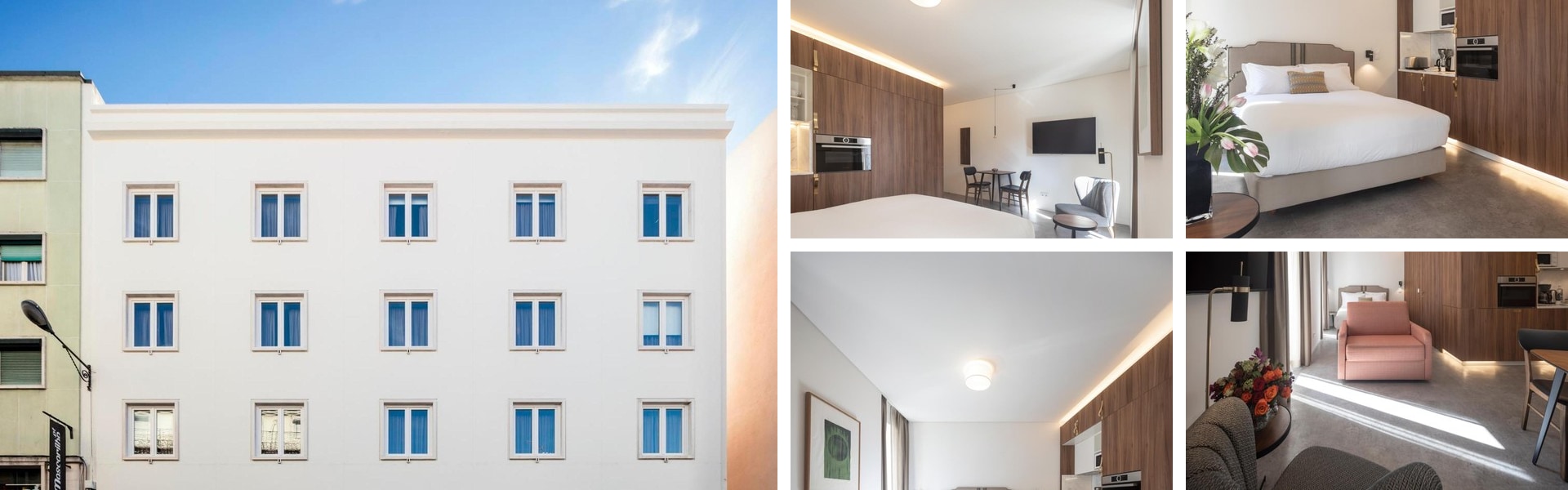 Photos of a Lisbon serviced apartment on Avenida: white building exterior, open-plan kitchen and dining, double bedroom and living area with armchairs