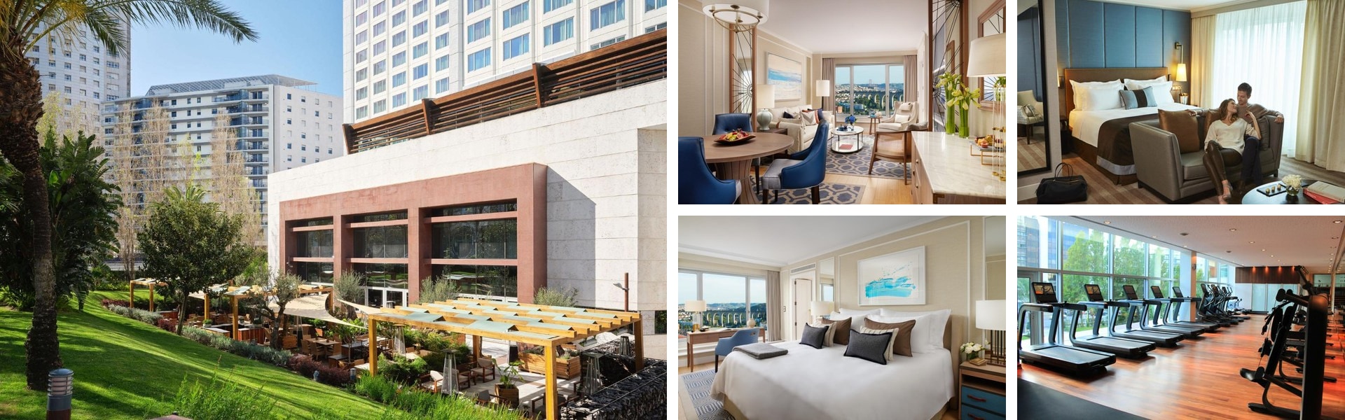 Photos of Corinthia Lisbon: landscaped garden and exterior, elegant suites with seating areas and a fitness room with treadmills