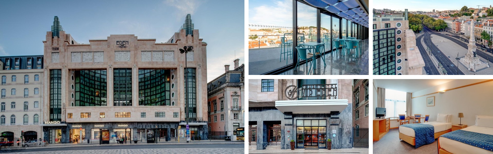 Photos of VIP Executive Eden Aparthotel in Lisbon: art deco Eden Teatro facade, rooftop terrace, city and monument views, entrance and twin guest room